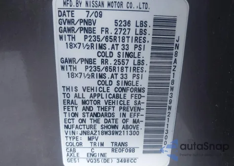 2009 Nissan Murano Sl from USA, damaged, VIN JN8AZ18W39W211300